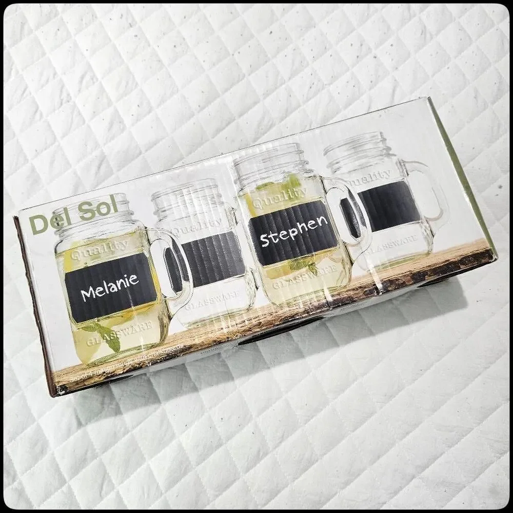 DEL SOL Set of 4 Mason Mugs with Chalkboards, 17oz, Summer Rustic Drink Glasses